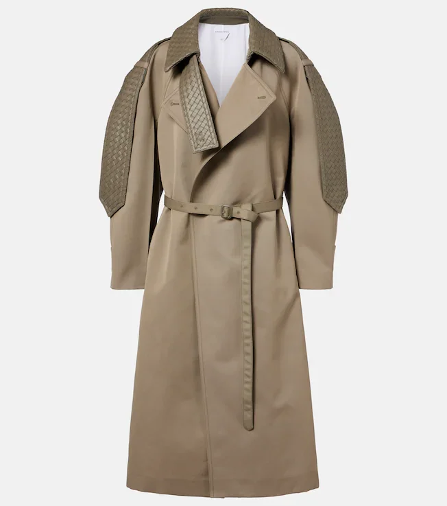 Intrecciato leather-trimmed trench coat