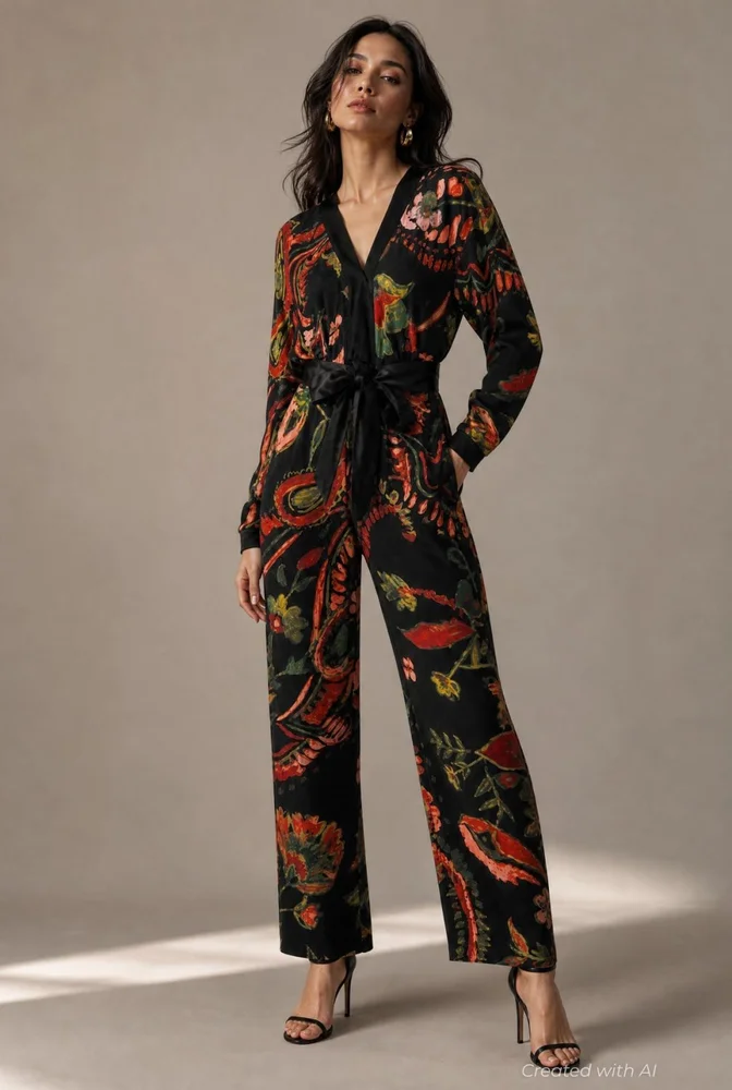 Printed V-Neck Jumpsuit - Black Combo