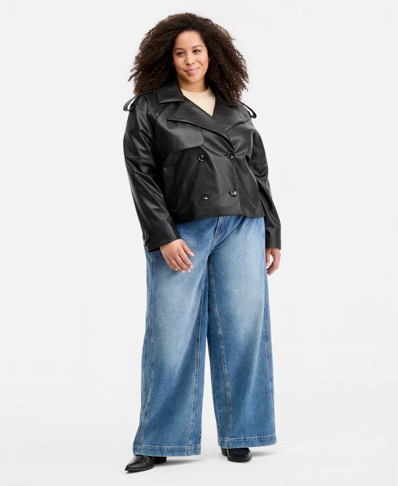 Cropped Double-Breasted Faux-Leather Trench Coat