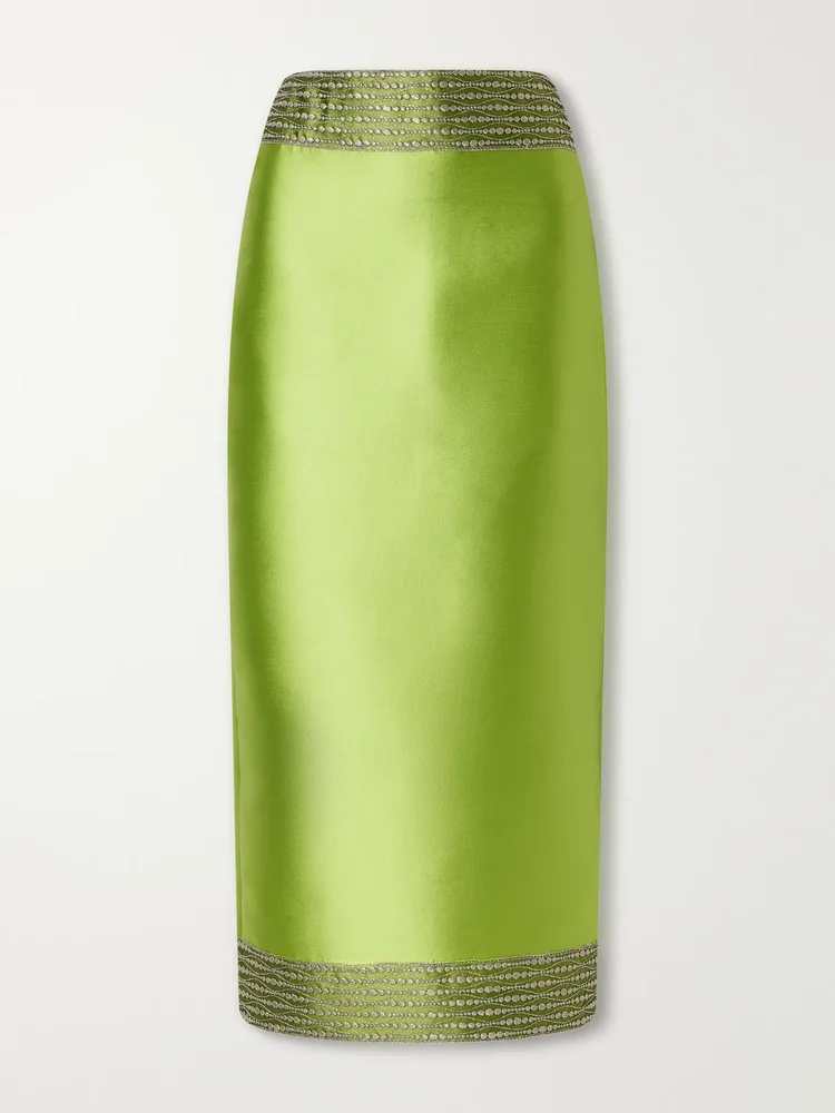 monica embroidered satin midi skirt