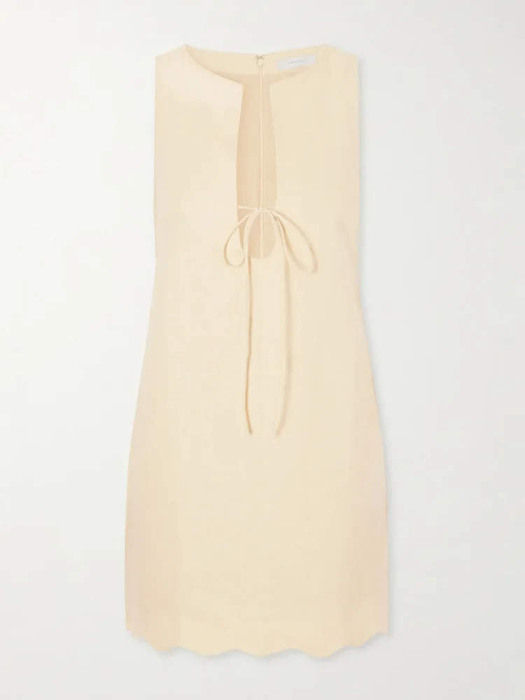 Alondra tie-detailed scalloped linen mini dress
