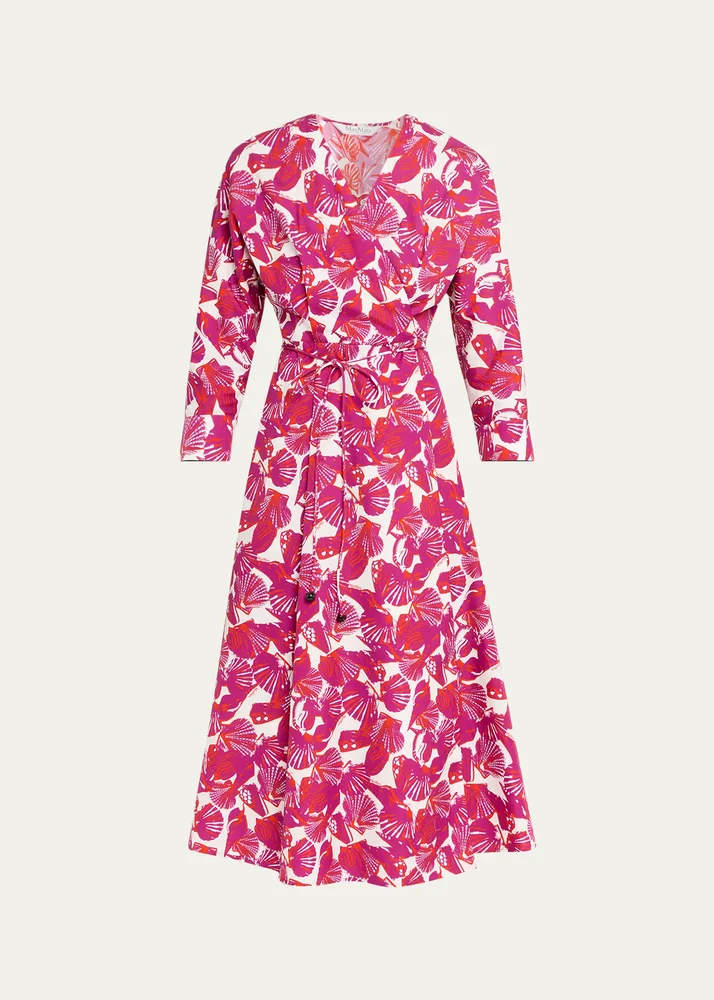 Seashell-Print Faux Wrap Midi Dress