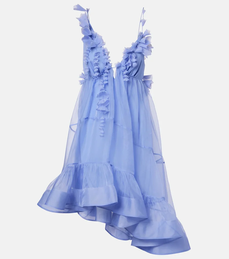 Como asymmetric floral-appliqué silk minidress