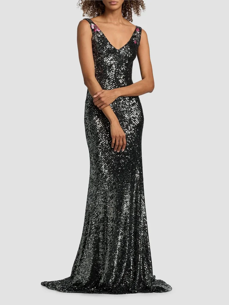 Floral Sequined Sleeveless Gown