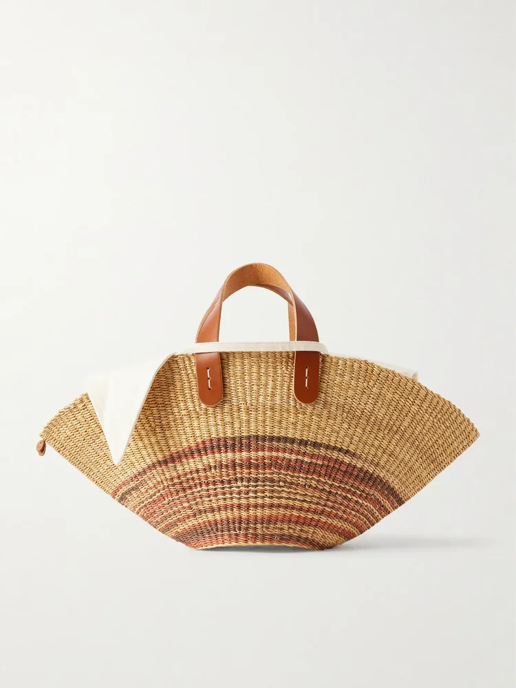 Pacha striped leather-trimmed raffia tote