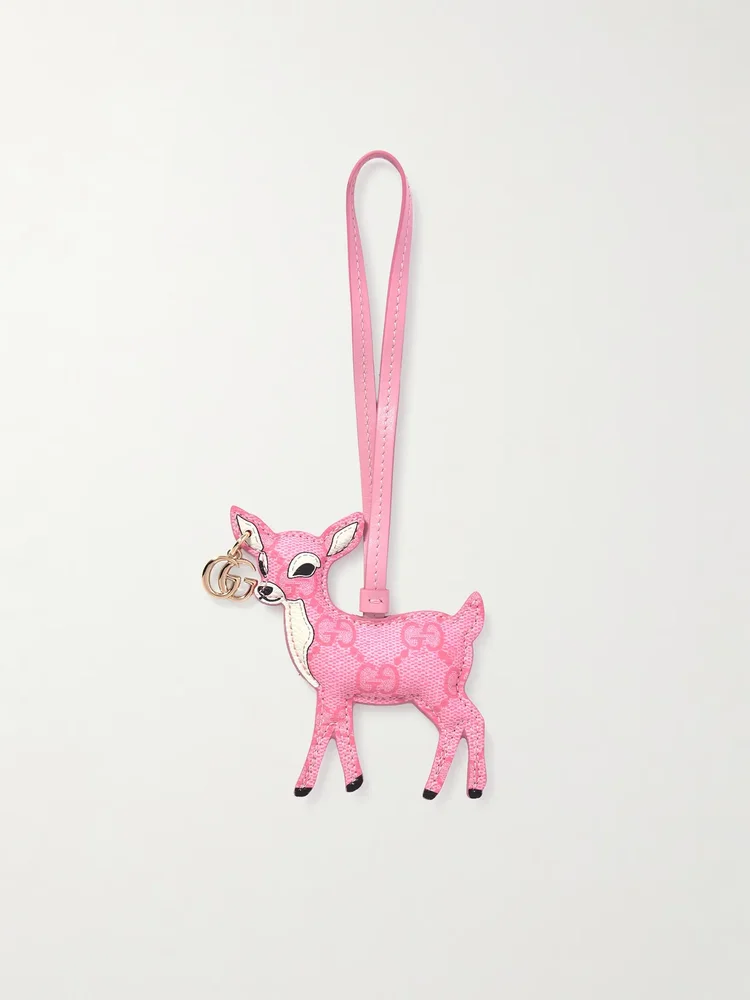 Embellished leather-trimmed coated-canvas bag charm