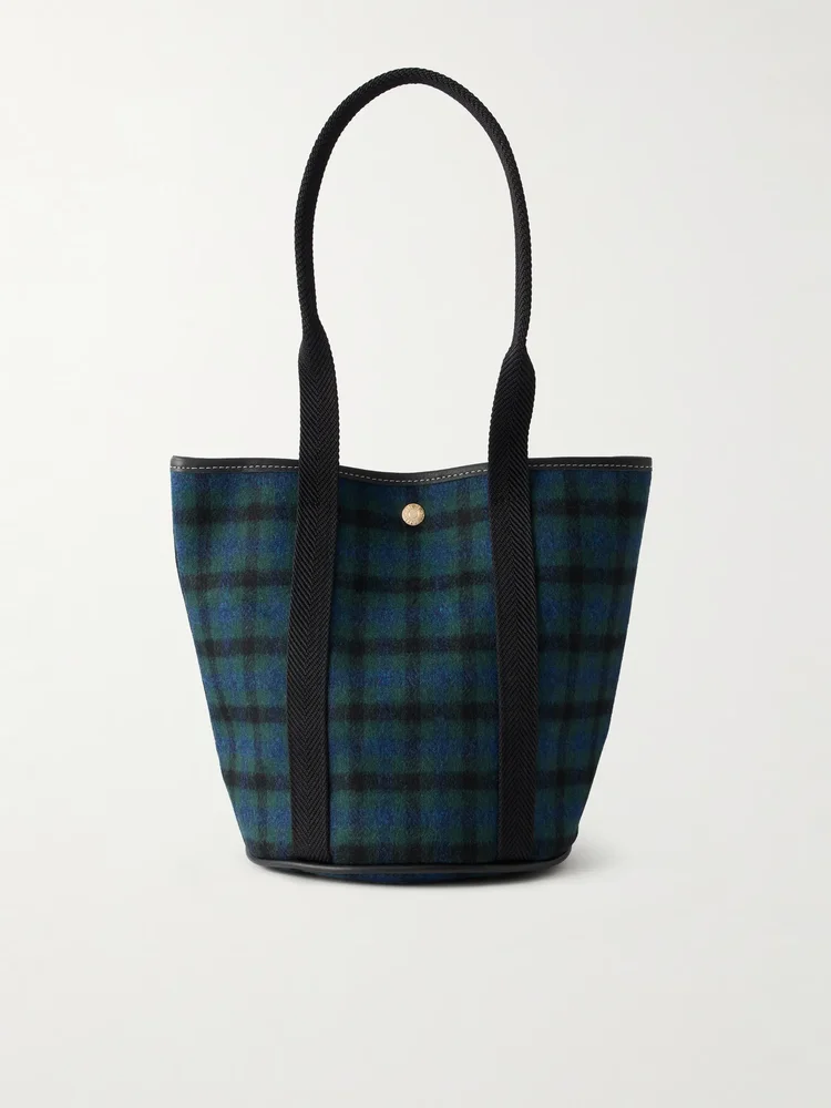 Bucket leather and webbing-trimmed canvas tote