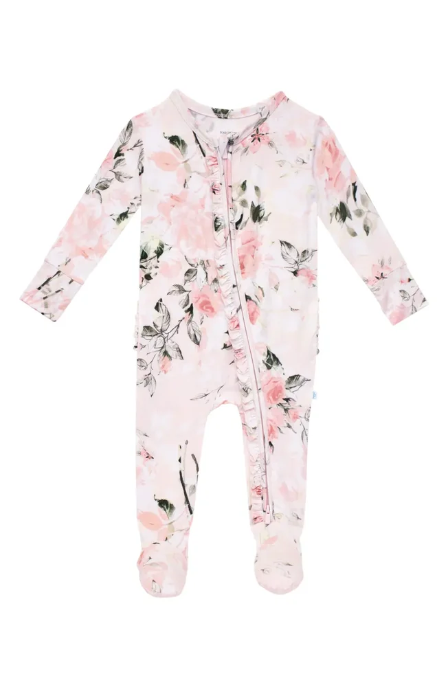 Vintage Pink Rose Ruffle Fitted Footie Pajamas