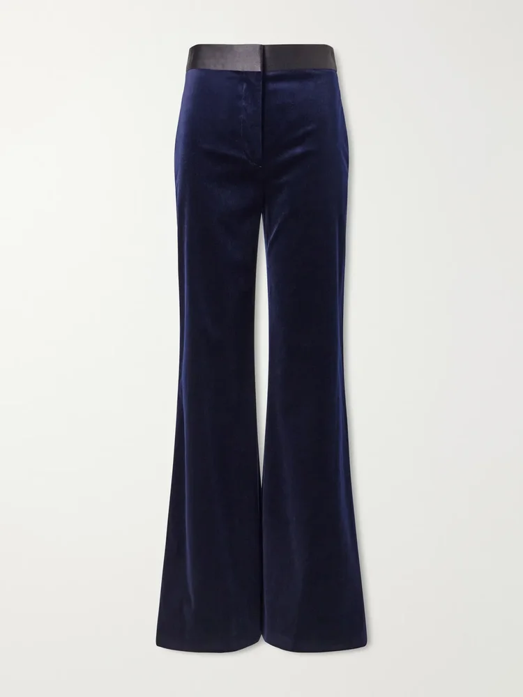 Alina satin-trimmed cotton-blend velvet flared pants