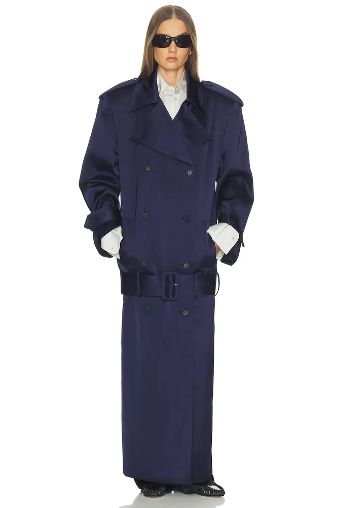 Trench Coat With Low Belt in Double Face Satin