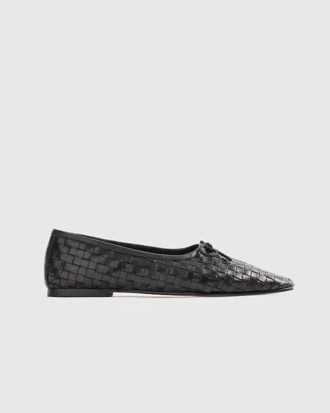 quince Black Italian Leather Handwoven Square Toe Ballet Flat
