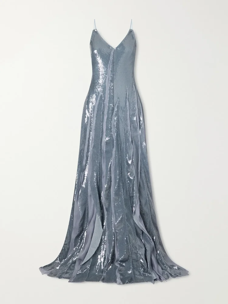 Pleated sequined chiffon gown