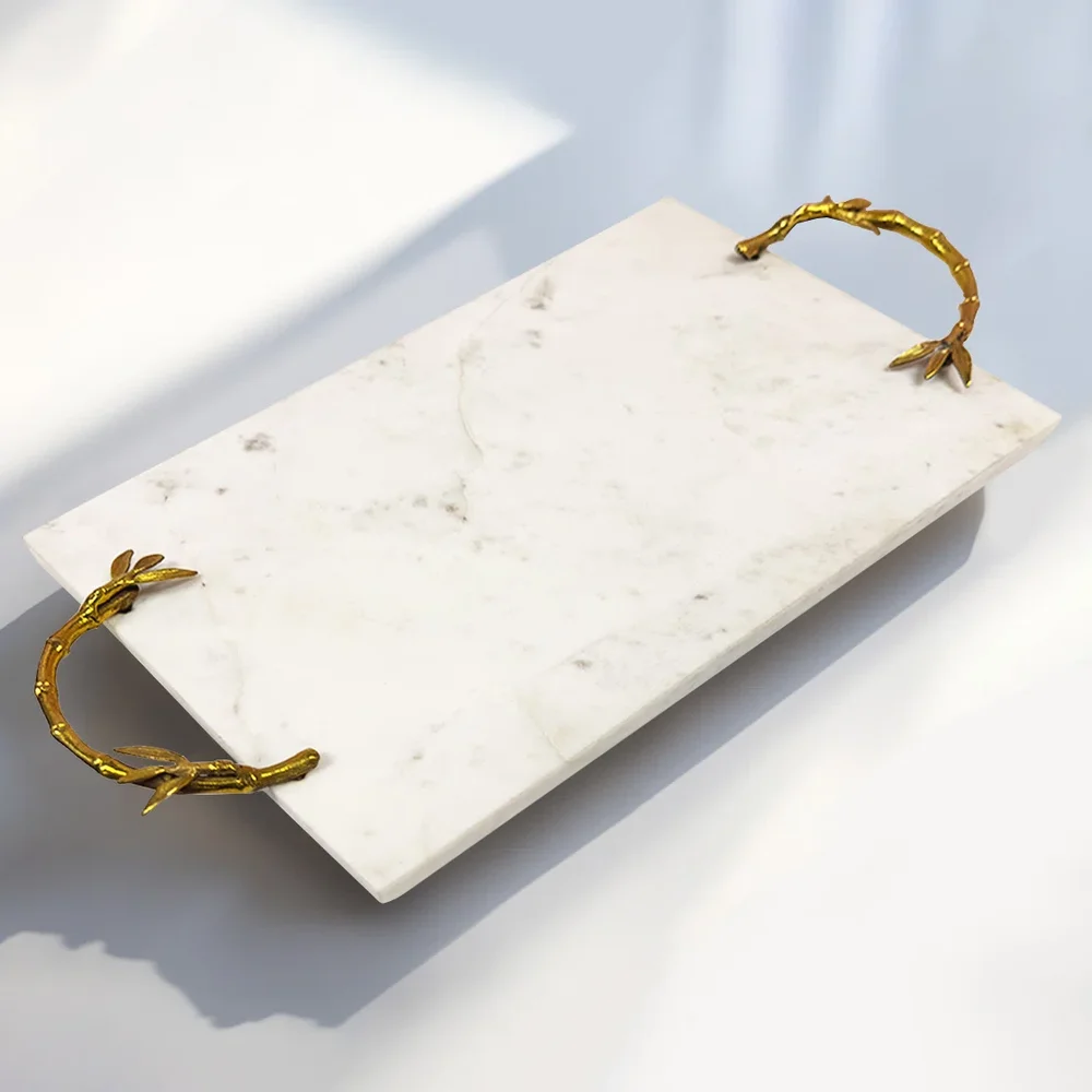 Elegant Large Serving Tray Rectangular Marble Tray with Metal Handles – Stylish Christmas Gift for Home Decor