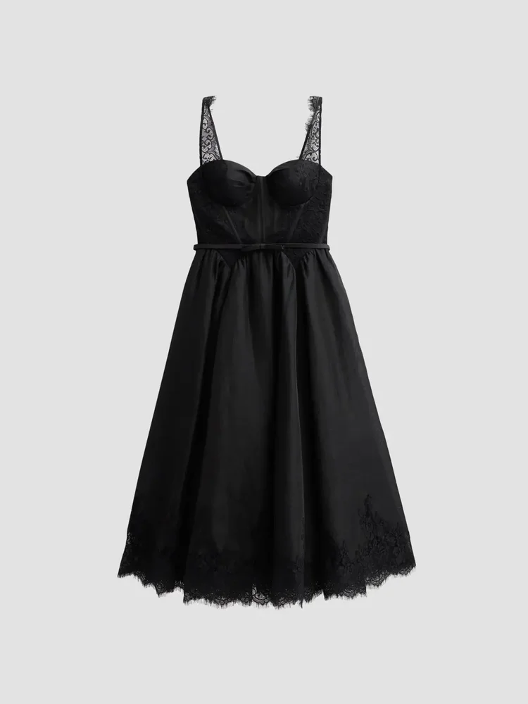 Valiant Linen-Silk Lace-Trim Midi Dress