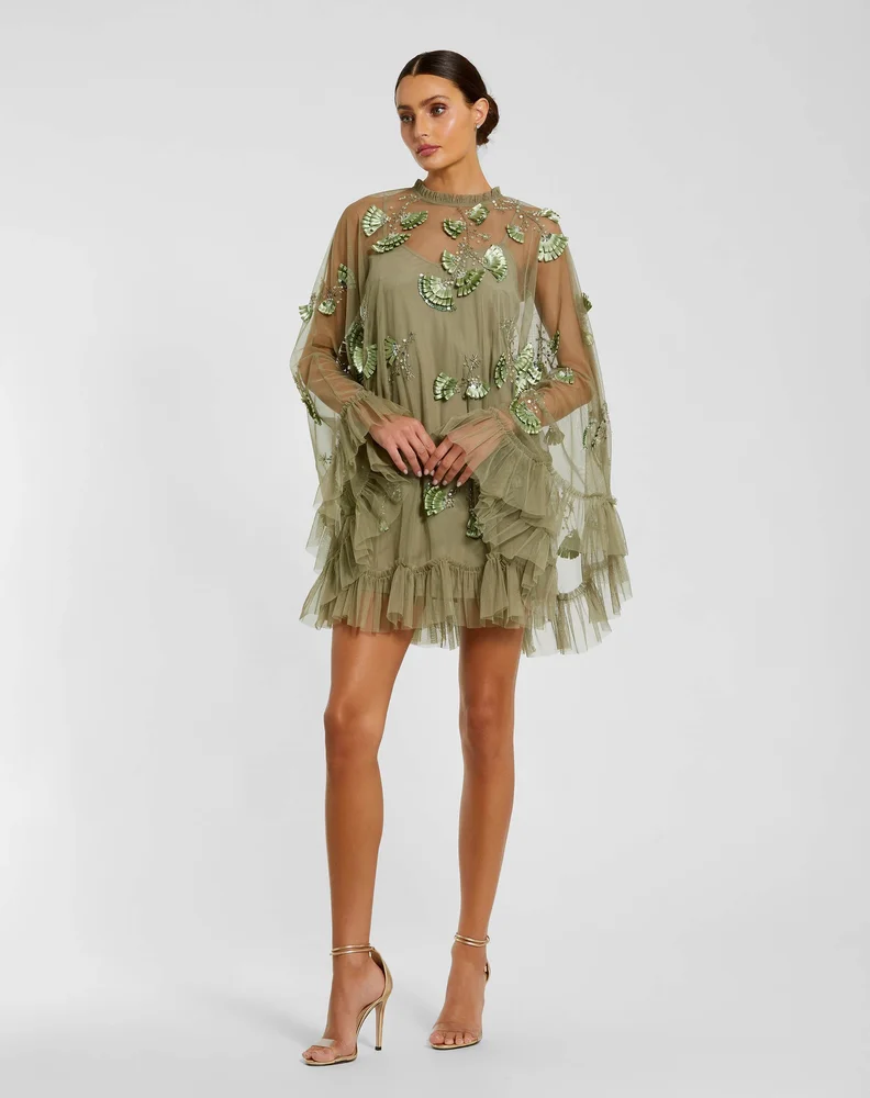 Mac Duggal Green Embellished Long Sleeve Trapeze Dress with Ruffle Hem