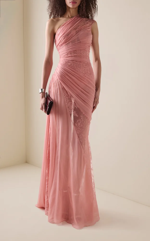 Lace-Inset Silk Chiffon Maxi Dress