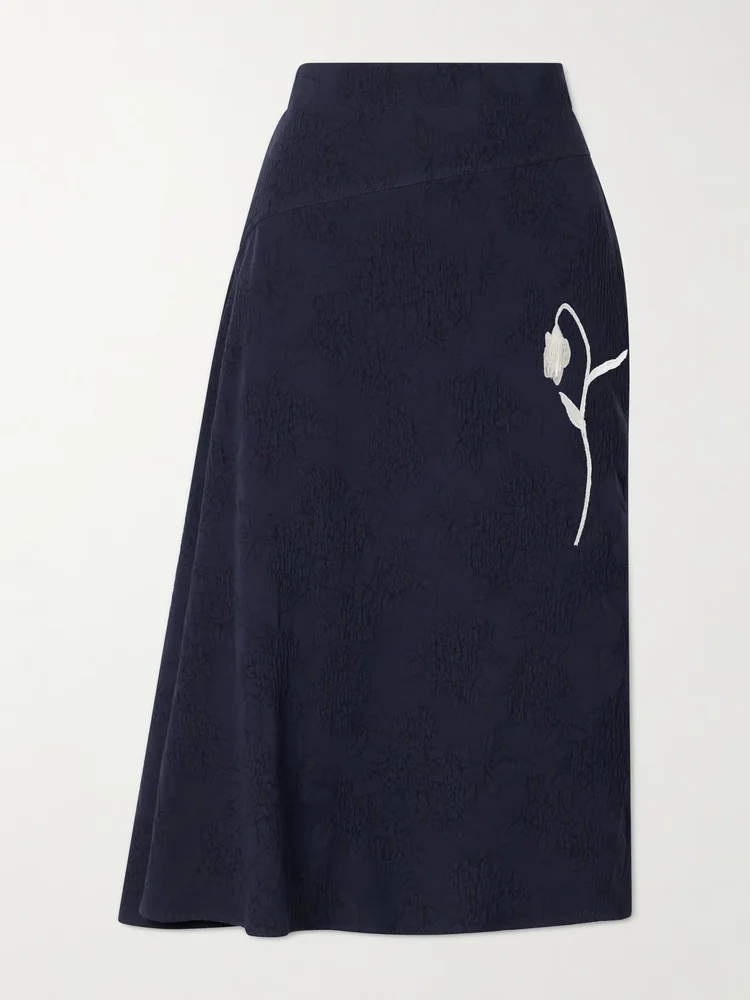 Asymmetric floral-jacquard cotton-blend midi skirt