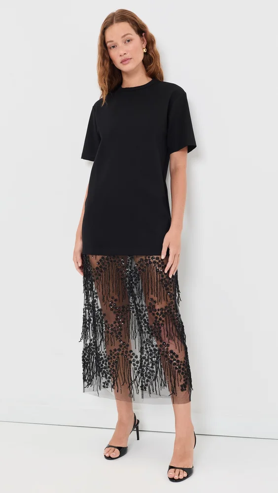 Mix Rhinestone Lace T-Shirt Midi Dress