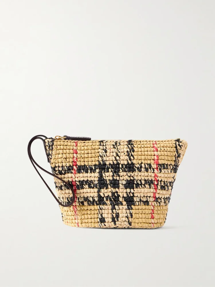 Margate leather-trimmed woven raffia clutch bag