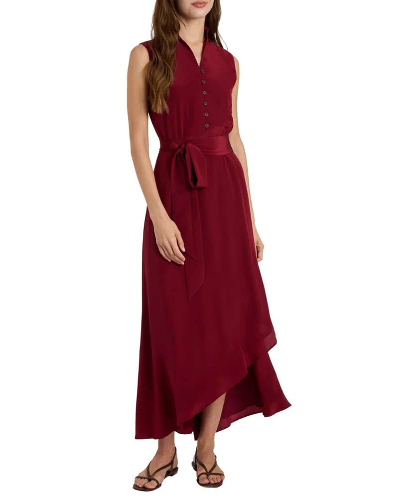 Carson Silk Hi-Lo Ruffle Collar Midi Dress