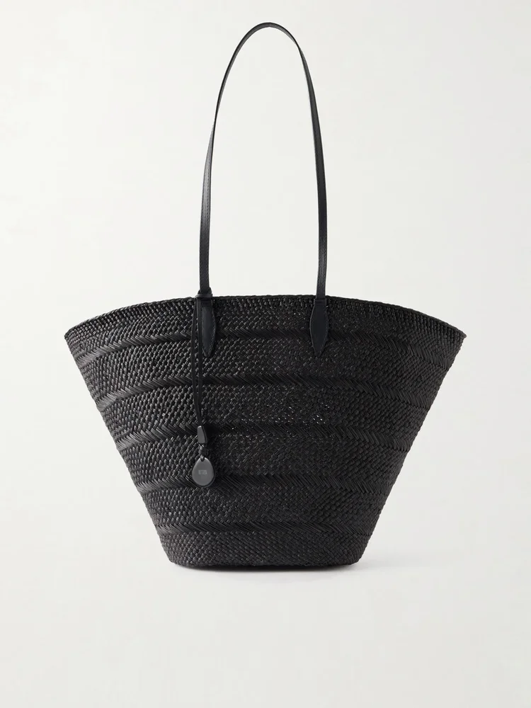Market leather-trimmed woven Iraca tote
