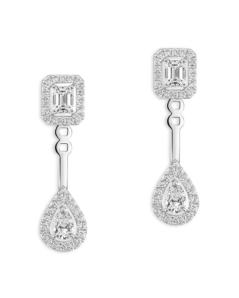 18K White Gold Diamond My Twin Diamond Mixed Cut Toi et Moi Drop Earrings, 0.86 tcw