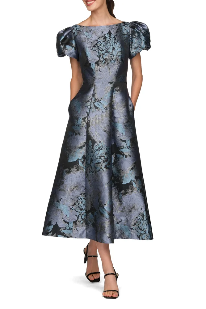 Jennifer Metallic Puff Sleeve Tea Length Dress