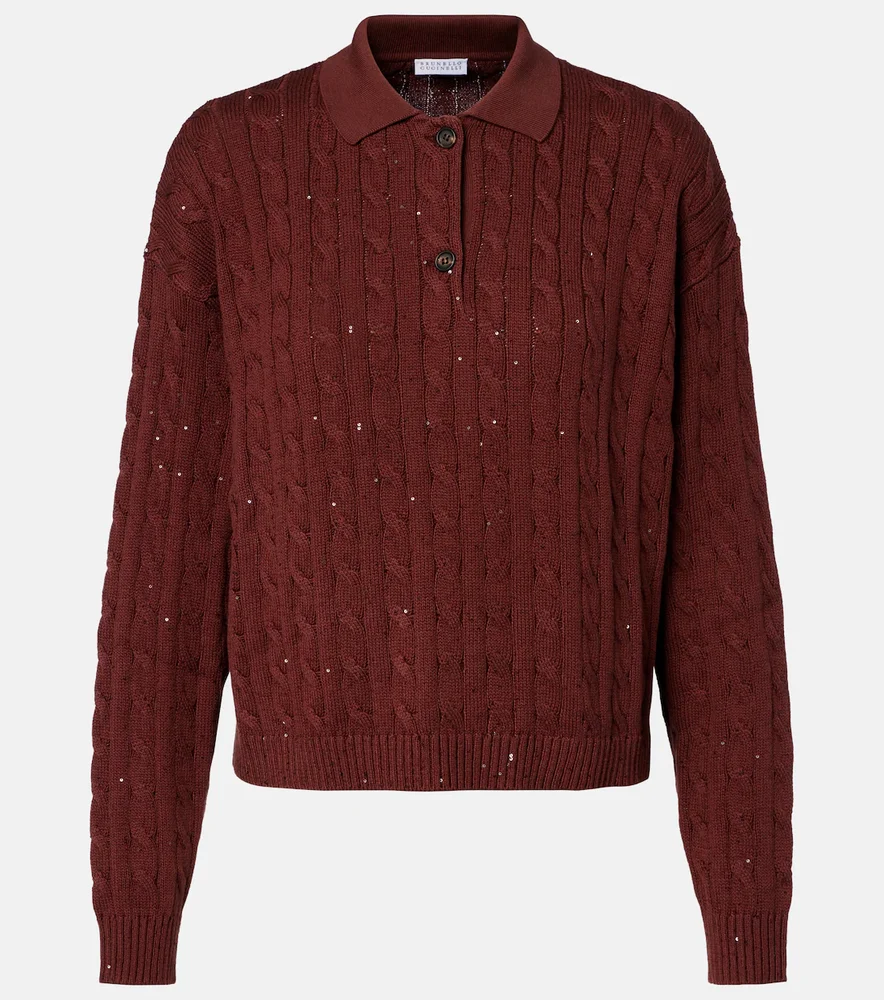 Cable-knit cotton-blend polo sweater