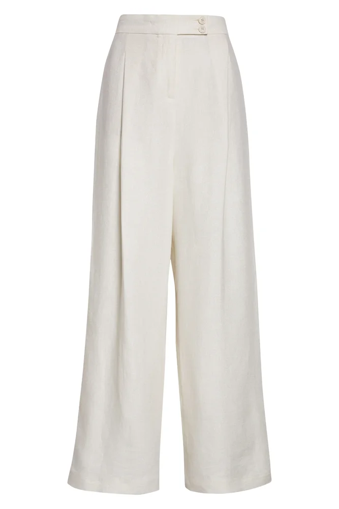 Pleated Straight Leg Linen Blend Trousers