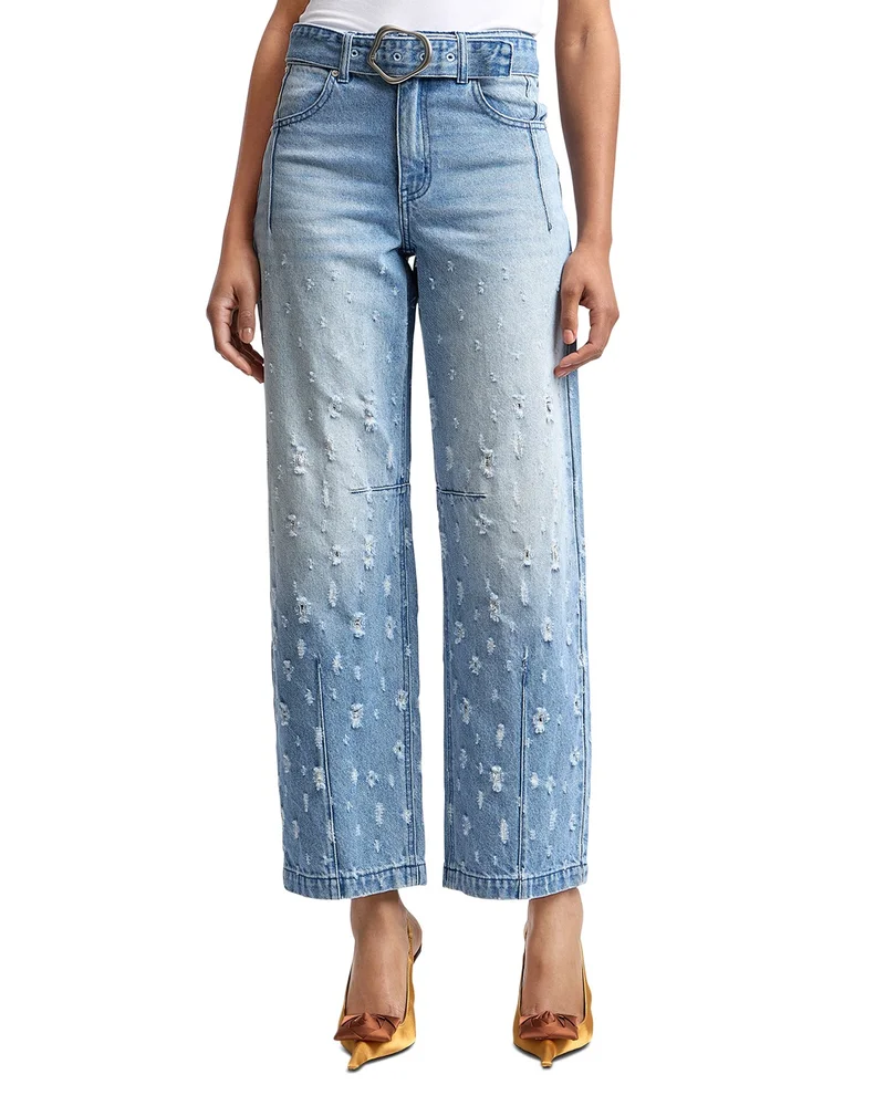 Distressed High Rise Wide Leg Belted Jeans in Martin Wash
