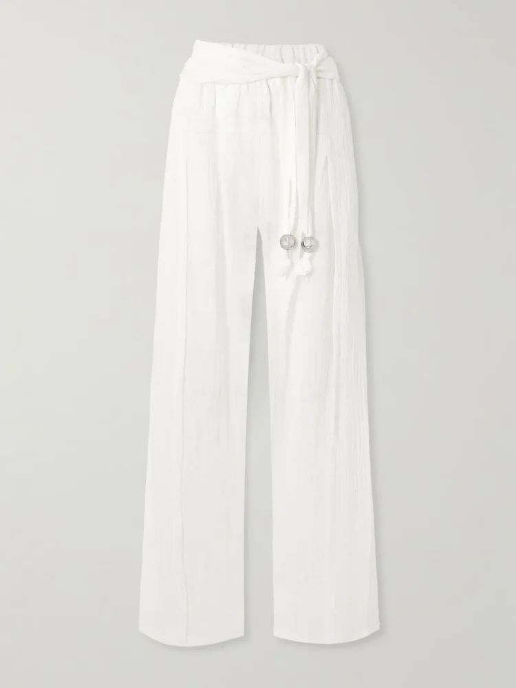 Embellished belted crinkled linen-blend gauze wide-leg pants