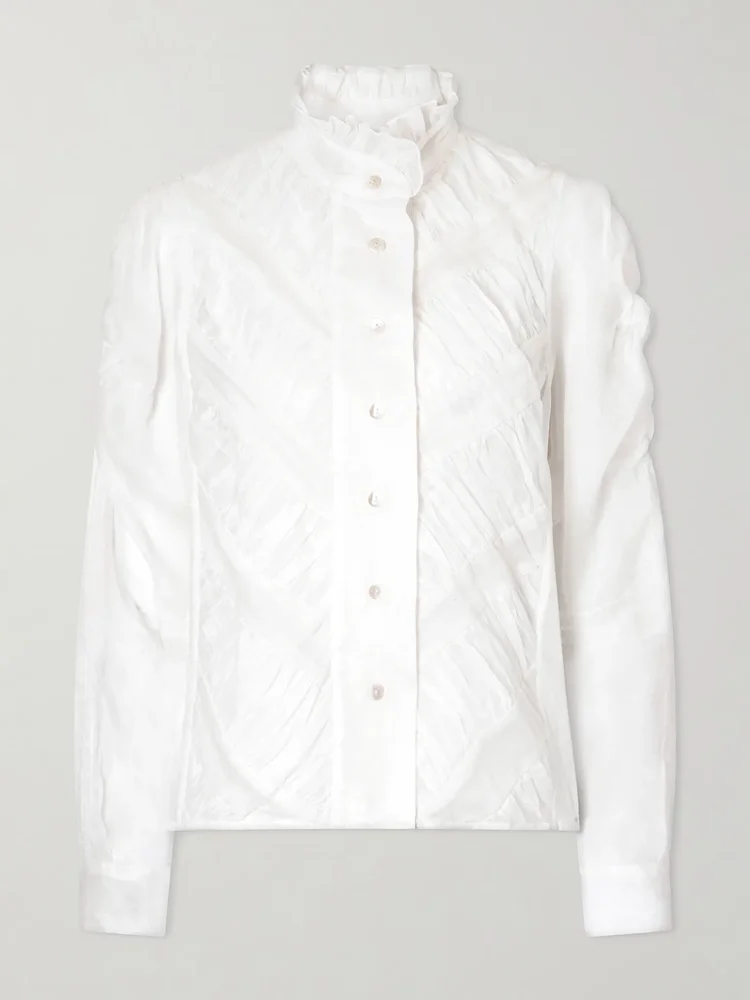 Wind ruffled ruched cotton-voile blouse