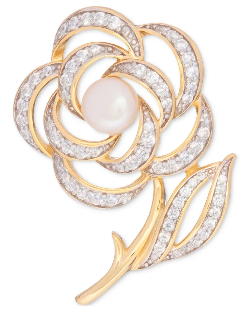 Cultured Freshwater Pearl (6-1/2mm) & Cubic Zirconia Flower & Stem Pin in 18k Gold-Plated Sterling Silver