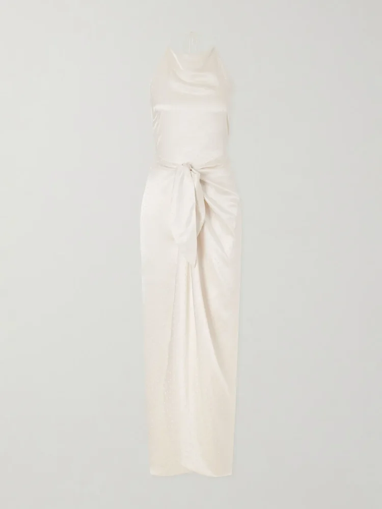 Nourin polka-dot knotted satin-jacquard halterneck maxi dress