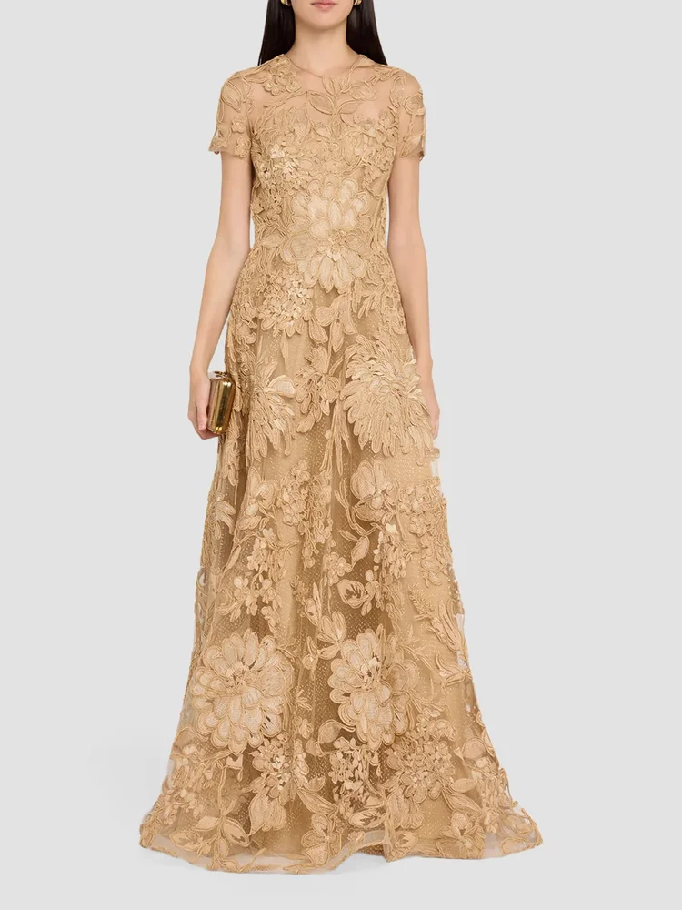 Floral Raffia Short-Sleeve Gown