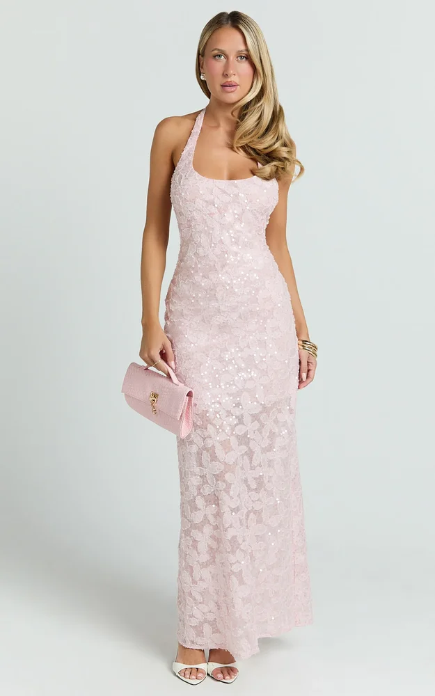 Benny Maxi Dress, Halter Neck Backless Bodycon Dress in Pink