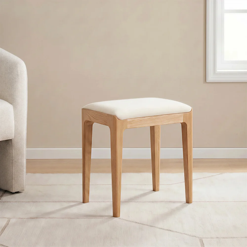 Lumi Solid Oak Upholstered Vanity Stool with Linen Seat