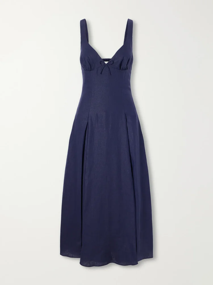 Bow-detailed linen midi dress