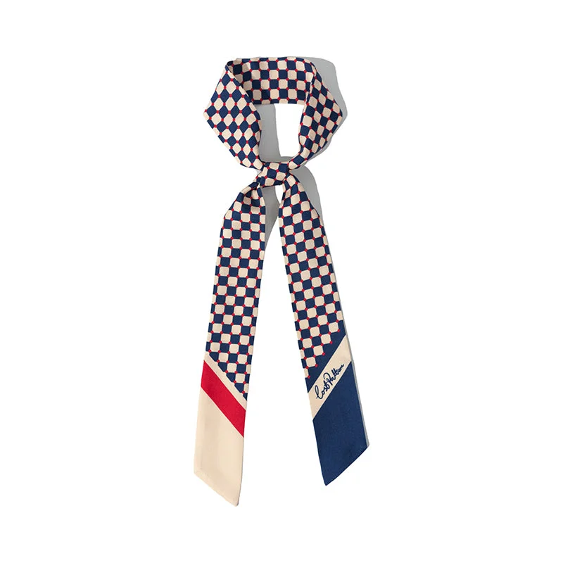 "Checkerboard" Silk Twill Skinny Scarf - Blue