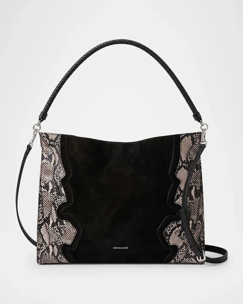 Vida Snakeskin-Embossed Suede Shoulder Bag
