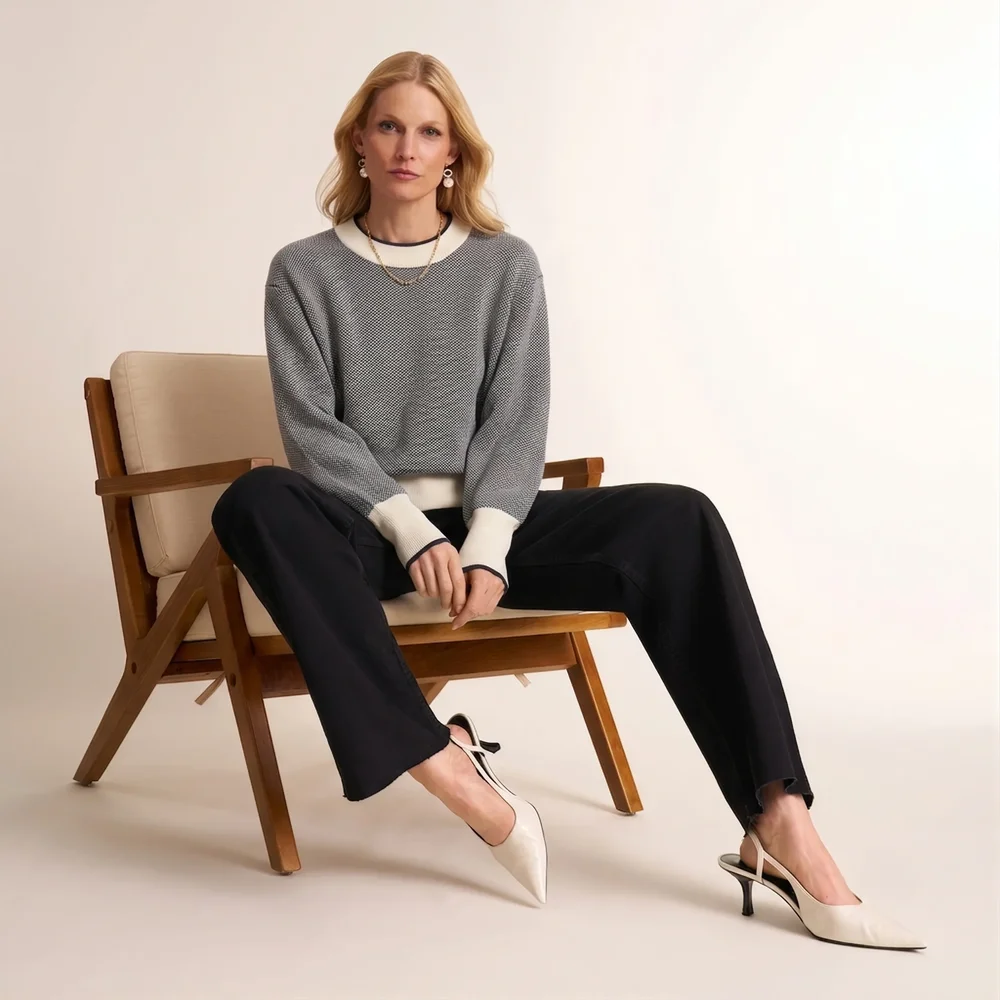 Maura Easy Luxury Sweater - Birdseye Knit :: Navy / Ivory