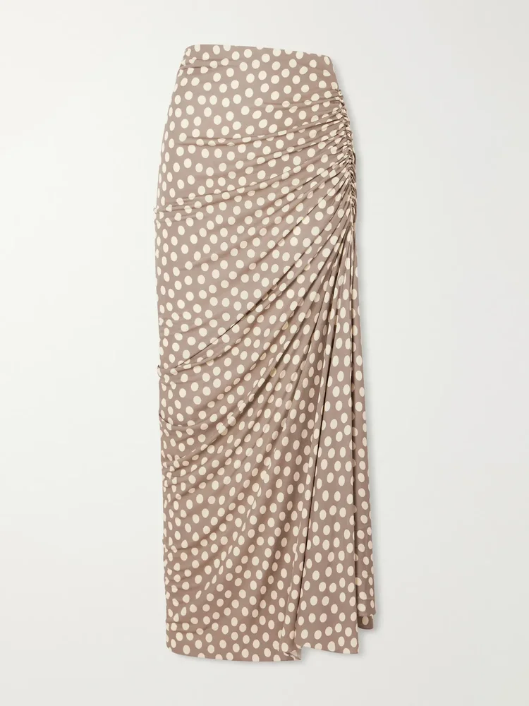 Gathered polka-dot jersey midi skirt