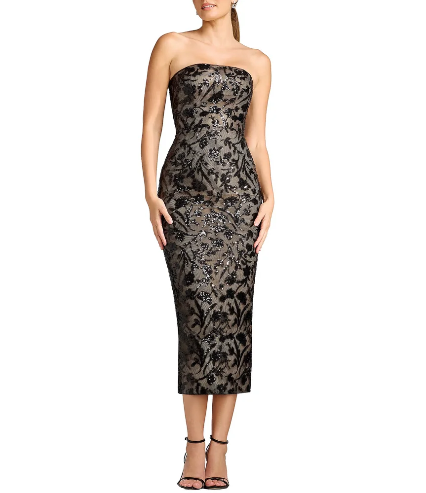 Viviana Lace Floral Sequin Strapless Sleeveless Midi Sheath Dress