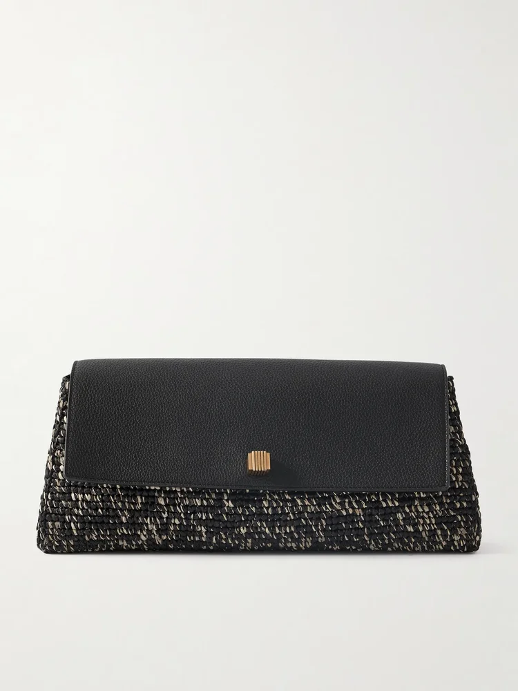 Audrey textured-leather and raffia clutch