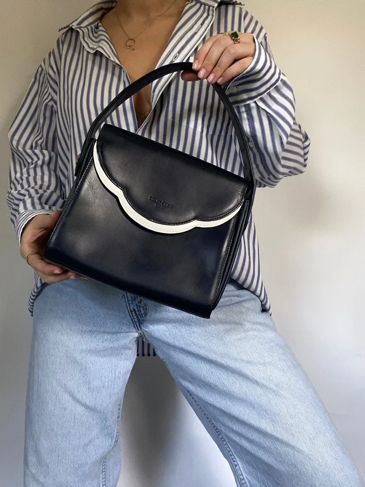 Vintage Courrèges Navy Leather Top Handle Bag
