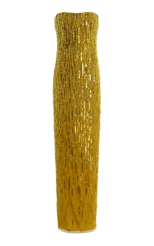 Embroidered Fringe Strapless Maxi Dress