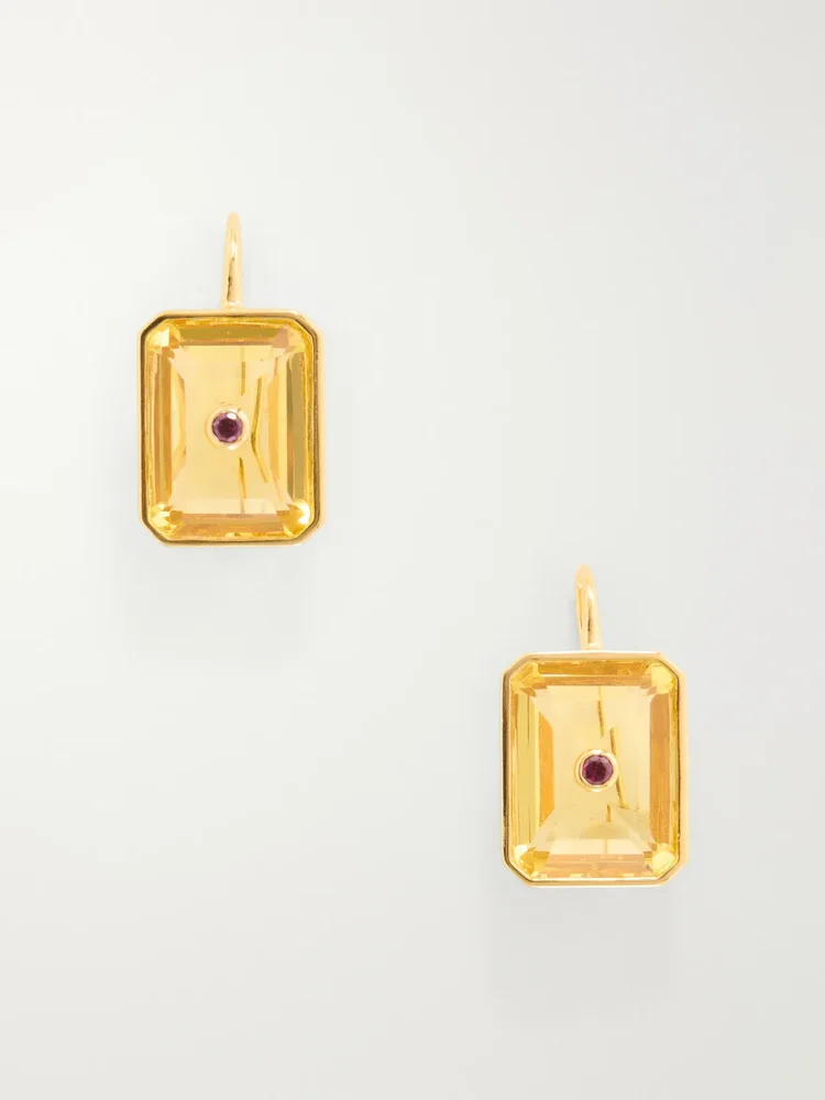 Tile gold-plated rhodolite and glass earrings