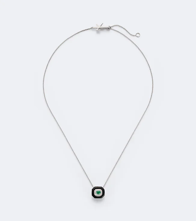 Oui 18kt white gold and enamel pendant necklace with emerald and diamonds