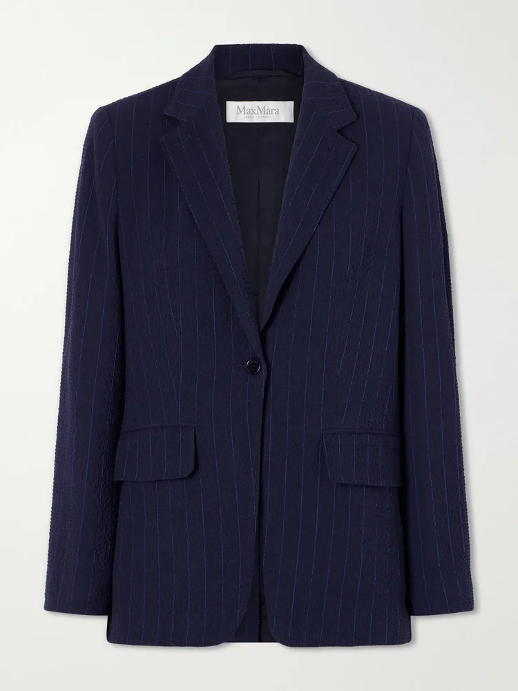 Pinstriped wool-blend seersucker blazer