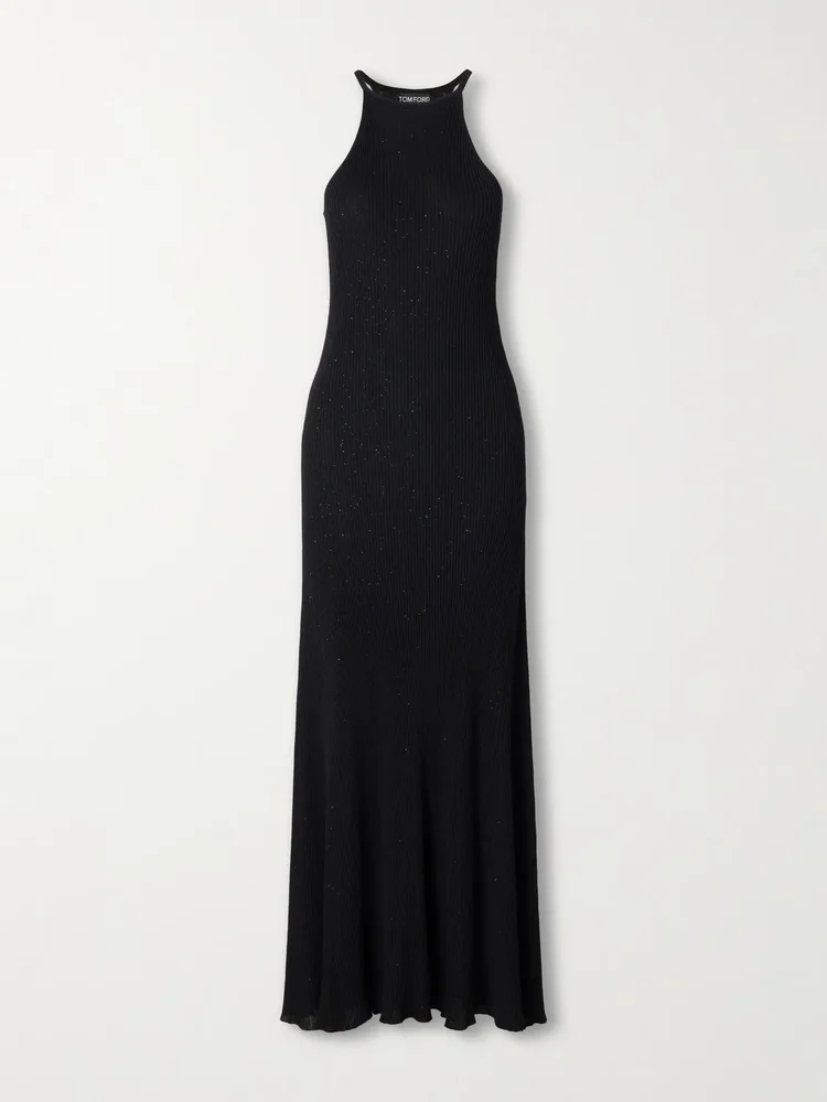 Ribbed Lurex halterneck maxi dress